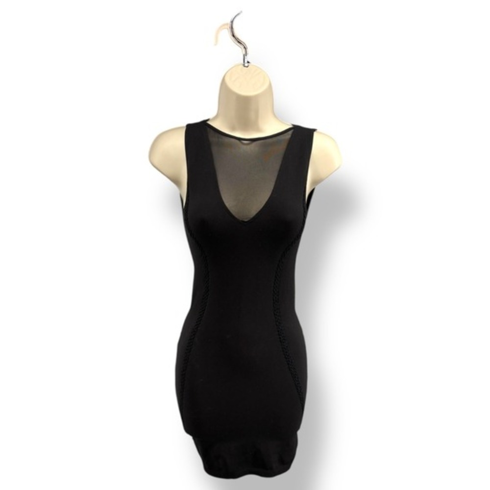 bebe Black Mesh Bodycon Mini Dress Petite Small V Neck Going Out Clubwear Flaw